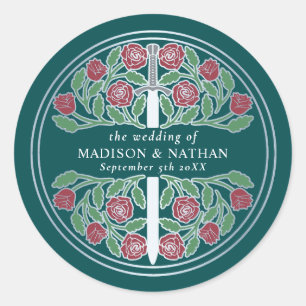 Teal Royal Mediaeval Silver Sword Wedding  Classic Round Sticker