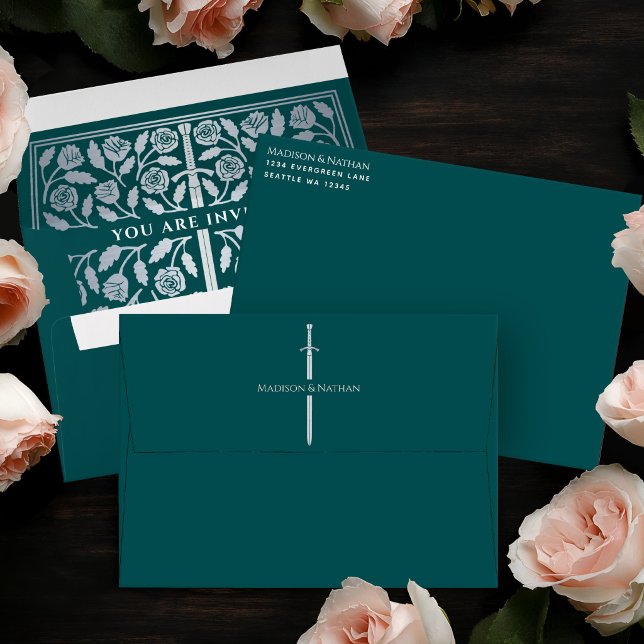 Teal Royal Mediaeval Silver Sword Wedding Envelope (Creator Uploaded)