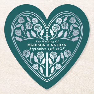Teal Royal Mediaeval Silver Sword Wedding Paper Coaster