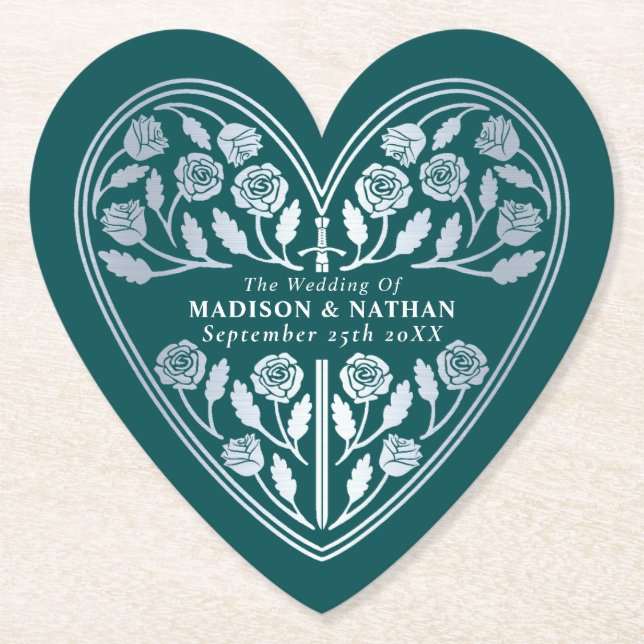 Teal Royal Mediaeval Silver Sword Wedding Paper Coaster (Front)