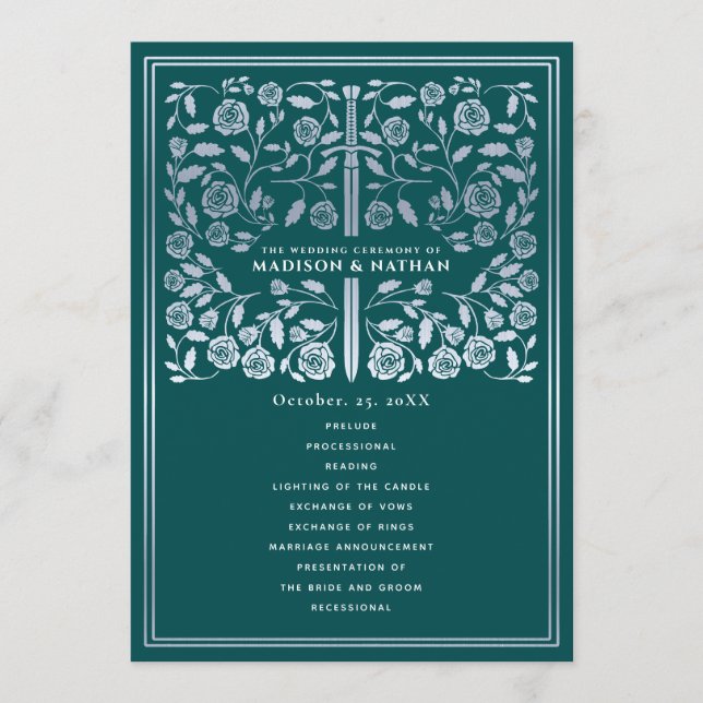 Teal Royal Mediaeval Silver Sword Wedding Program Programme (Front)