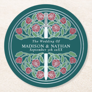 Teal Royal Mediaeval Silver Sword Wedding Round Paper Coaster