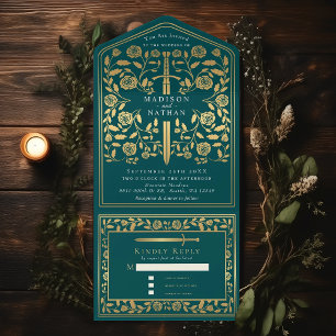 Teal Royal Mediaeval Sword Wedding All In One Invitation