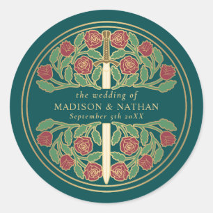 Teal Royal Mediaeval Sword Wedding  Classic Round Sticker