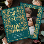 Teal Royal Mediaeval Sword Wedding Photo Save The Date<br><div class="desc">Set the stage for your fairytale wedding! These photo save-the-date cards feature a stunning mediaeval fantasy design of a gold sword surrounded by delicate florals on a teal background. Perfect for announcing your epic love story. Note that the gold featured in this design is NOT real foil and is printed...</div>