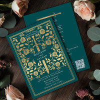 Teal Royal Medieval Gold Sword Wedding QR Code