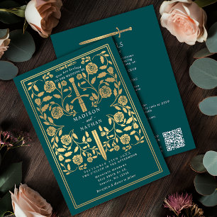 Teal Royal Medieval Gold Sword Wedding QR Code Invitation