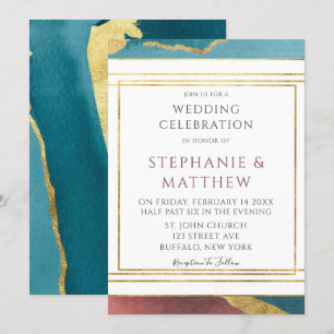 Teal Rust Copper Agate Gold Geometric Wedding Invitation