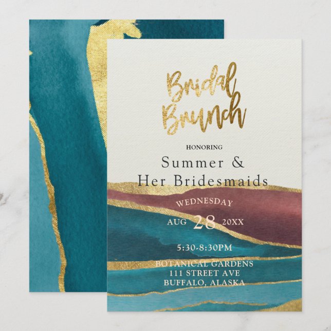 Teal Rust Cream Agate Gold Bridesmaids Luncheon Invitation (Front/Back)