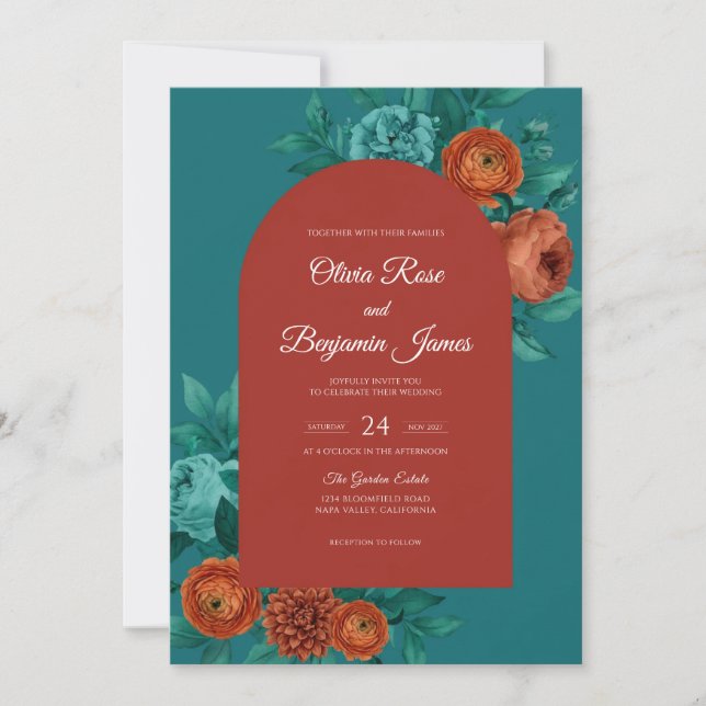 Teal Rust Ranunculus Eucalyptus Wedding Invitation (Front)