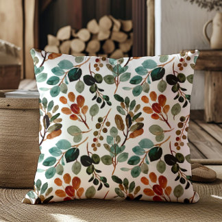 Teal Rust Sage Green Brown Leaves Autumn Cushion