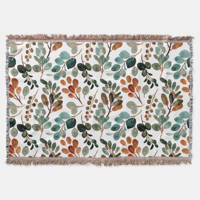 Teal Rust Sage Green Brown Leaves Autumn Throw Blanket (Front)