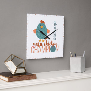 Teal & Rust Yarn Chicken Champion Square Wall Clock