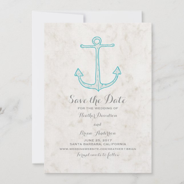 Teal Rustic Anchor Save the Date Invite (Front)