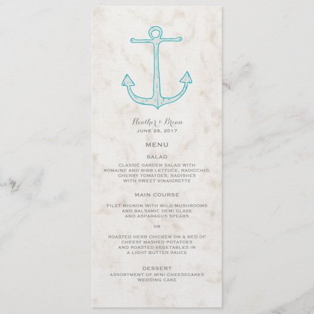 Teal Rustic Anchor Wedding Menu (Front)