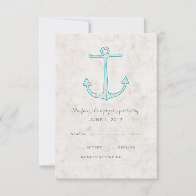 Teal Rustic Anchor Wedding RSVP Card (Front)