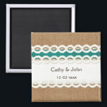Teal Rustic burlap and lace country wedding Magnet<br><div class="desc">Teal Rustic burlap and lace country wedding design


Disclaimer: The burlap and lace are not real materials,  these are just printed designs.</div>
