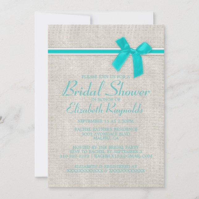 Teal Rustic Burlap Bridal Shower Invitations (Front)