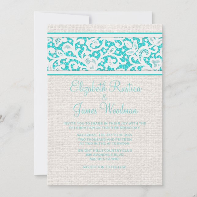 Teal Rustic Burlap & Linen Wedding Invitations (Front)