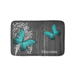 Teal Rustic Butterfly Personalised Bath Mat