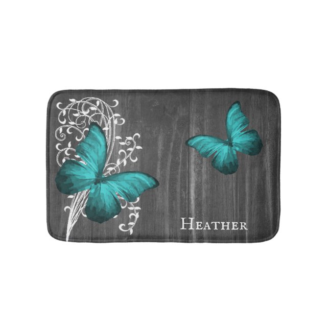 Teal Rustic Butterfly Personalised Bath Mat (Front)