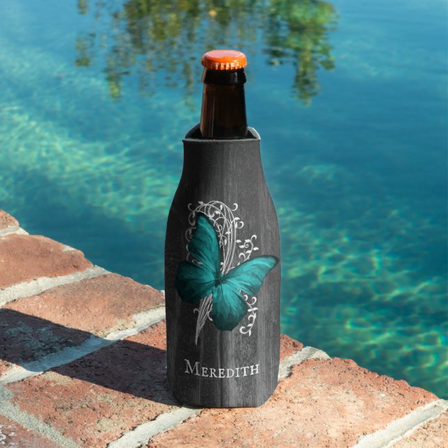 Teal Rustic Butterfly Personalised Bottle Cooler (In Situ Pool)