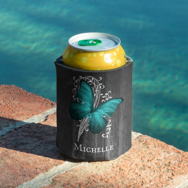 Teal Rustic Butterfly Personalised Can Cooler (In Situ Pool)