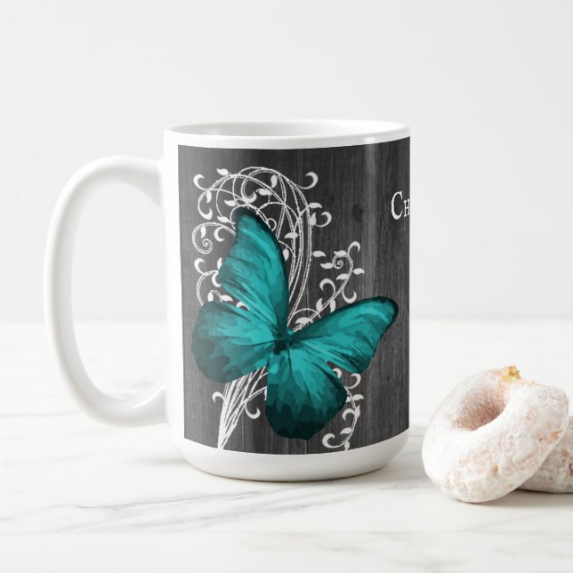 Teal Rustic Butterfly Personalised Coffee Mug (With Donut)