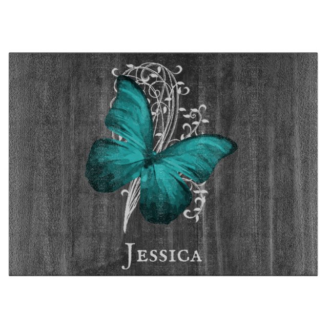 Teal Rustic Butterfly Personalised Cutting Board (Front)
