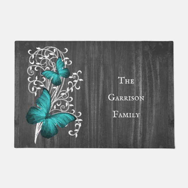 Teal Rustic Butterfly Personalised Doormat (Front)
