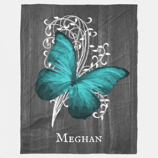Teal Rustic Butterfly Personalised Fleece Blanket (Front)