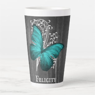 Teal Rustic Butterfly Personalised Latte Mug