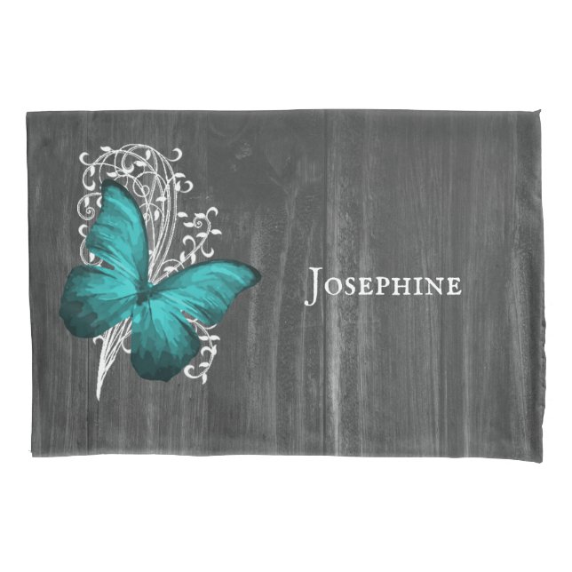 Teal Rustic Butterfly Personalised Pillowcase (Front)