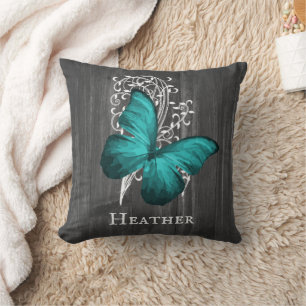 Teal Rustic Butterfly Personalised Throw Pillow