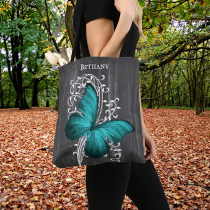 Teal Rustic Butterfly Personalised Tote Bag