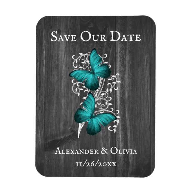 Teal Rustic Butterfly Save The Date Magnet (Vertical)