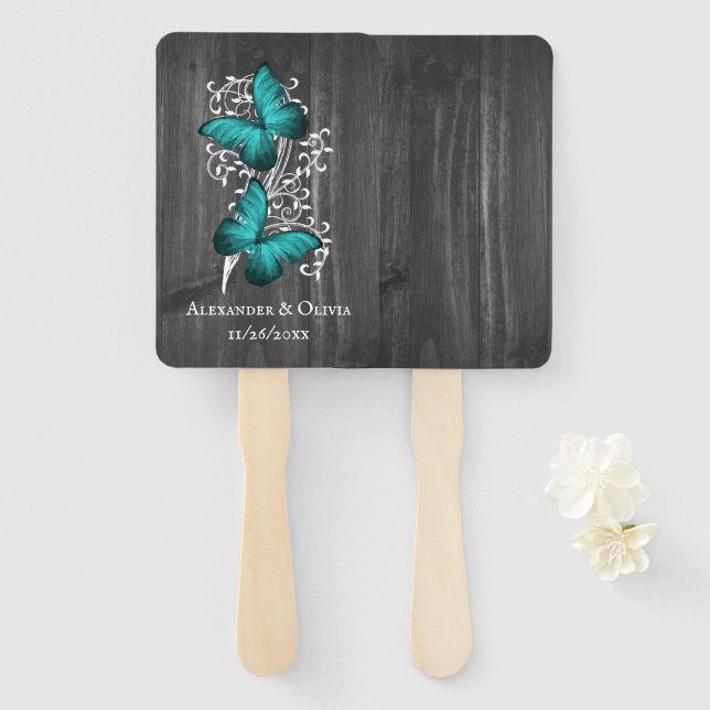 Teal Rustic Butterfly Wedding Favour Hand Fan (Front and Back)