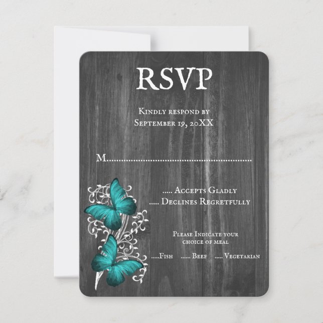 Teal Rustic Butterfly Wedding RSVP Card (Front)