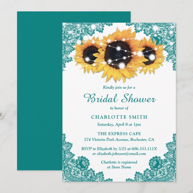 Teal Rustic Chic Lace Sunflower Bridal Shower Invitation (Front/Back)