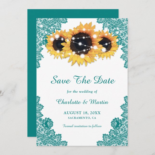 Teal Rustic Chic Lace Sunflower Save The Date (Front/Back)