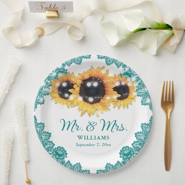 Teal Rustic Chic Lace Sunflower Wedding Paper Plate (Wedding)