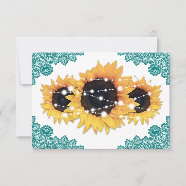 Teal Rustic Chic Lace Sunflower Wedding RSVP Card (Front)