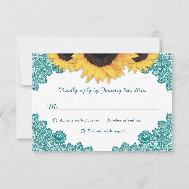 Teal Rustic Chic Lace Sunflower Wedding RSVP Card (Front)