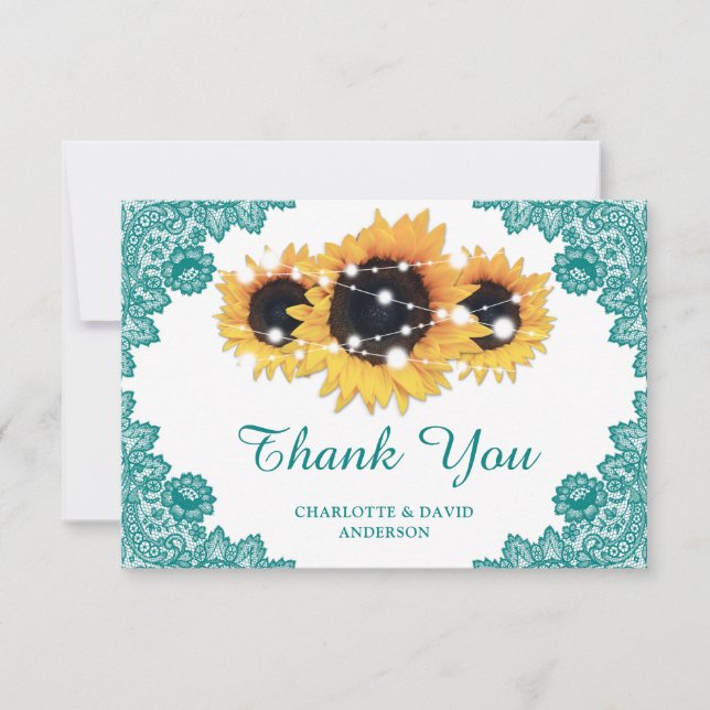 Teal Rustic Chic Lace Sunflower Wedding Thank You Card (Front)