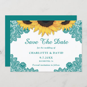 Teal Rustic Chic Sunflower Lace Wedding Save The Date