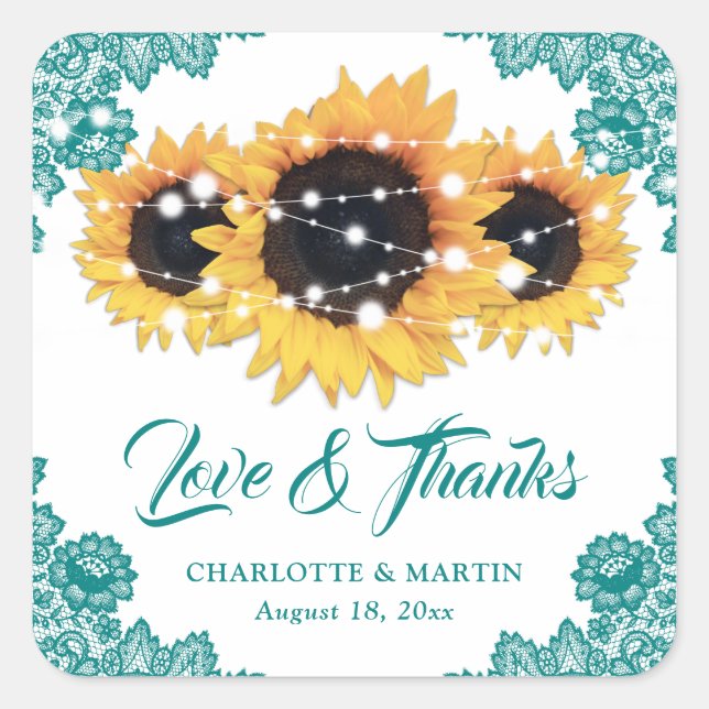 Teal Rustic Chic Sunflower Wedding Thank You Square Sticker (Front)
