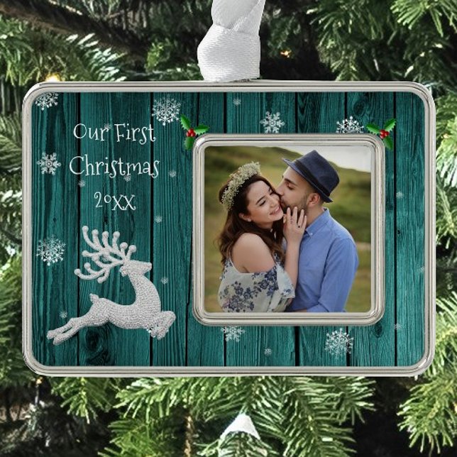 Teal Rustic Christmas Reindeer Framed First Silver Plated Framed Ornament (Teal Rustic Christmas Reindeer Framed First Christmas Ornament)