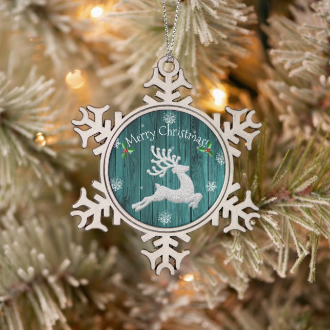 Teal Rustic Christmas Reindeer Ornament (Tree)