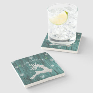 Teal Rustic Christmas Reindeer Stone Coaster