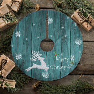 Teal Rustic Christmas Reindeer Tree Skirt